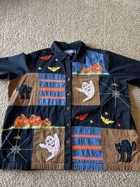 Vintage Halloween Patchwork Embroidered Pumpkins Ghosts Bats Black Cat Shirt, 2X